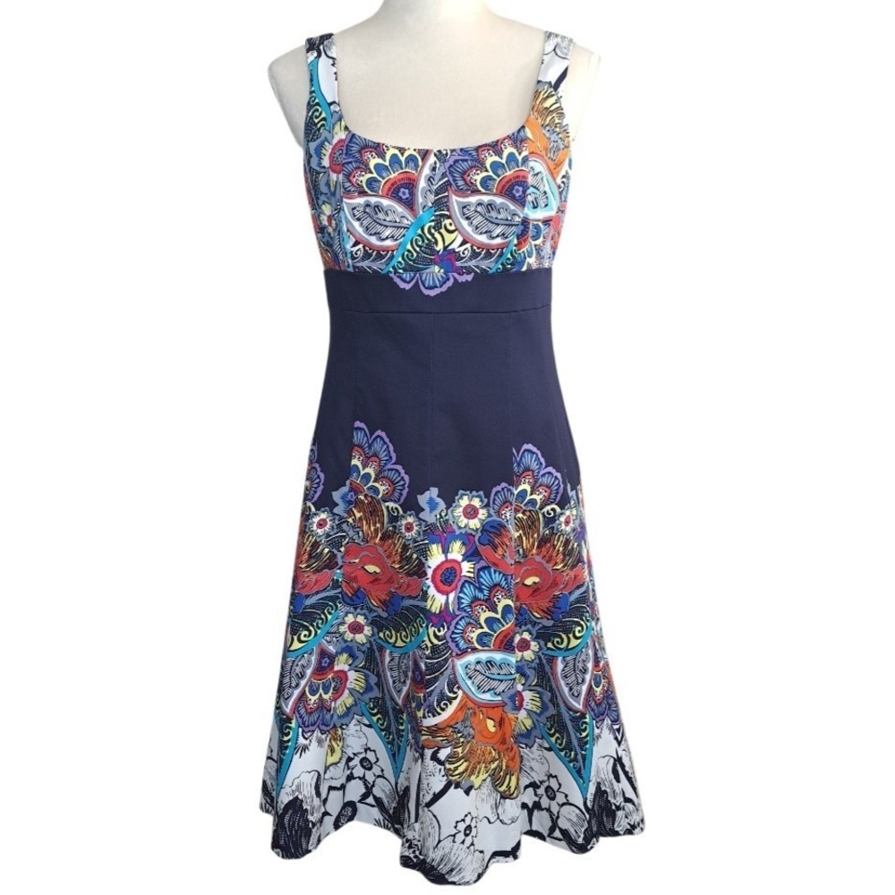 Nine West Dress Size 8 Navy Multicolor Handkerchief Hem Fit Flare Cotton Dress